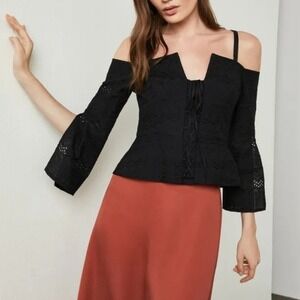 BCBGMAXAZRIA Black Eyelet Lace-Up Cold Shoulder Peplum Top Bell Sleeve Zipper L